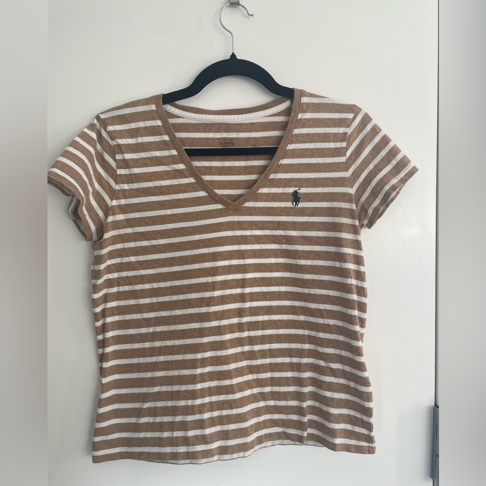 Ralph Lauren Women’s Tan/Cream Striped V-Neck Cropped T-Shirt Size S Pure Cotton